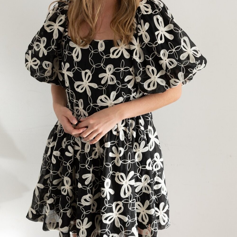 Heyson Bow Embroidered Balloon Sleeve Mini Dress with Black/Cream Ribbon New